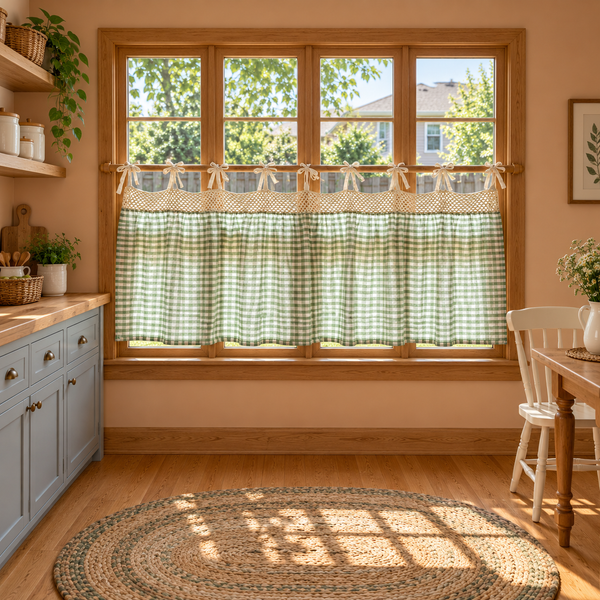 Green Gingham Tie-Top Curtain Panel - room setting