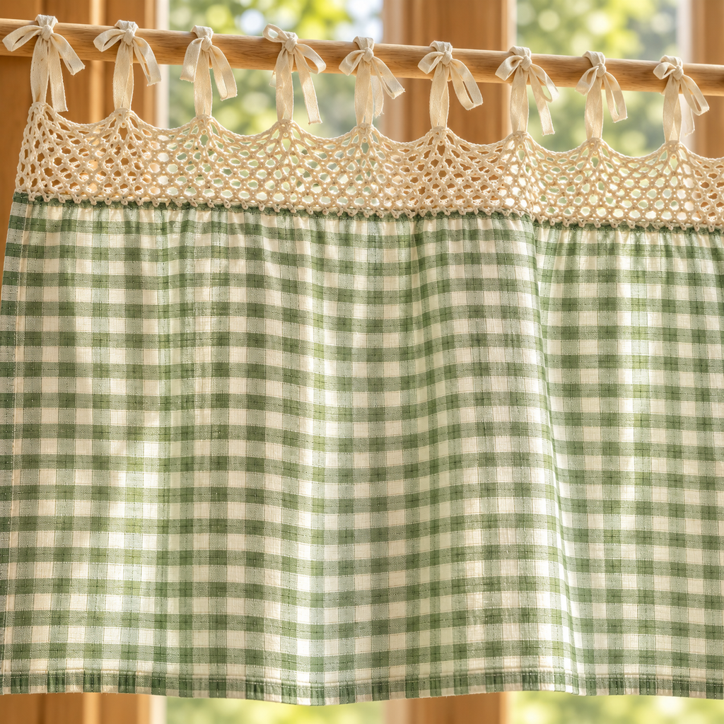 Green Gingham Tie-Top Curtain Panel - fabric detail