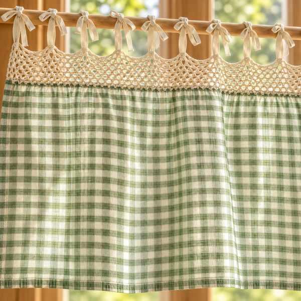 Green Gingham Tie-Top Curtain Panel - fabric detail