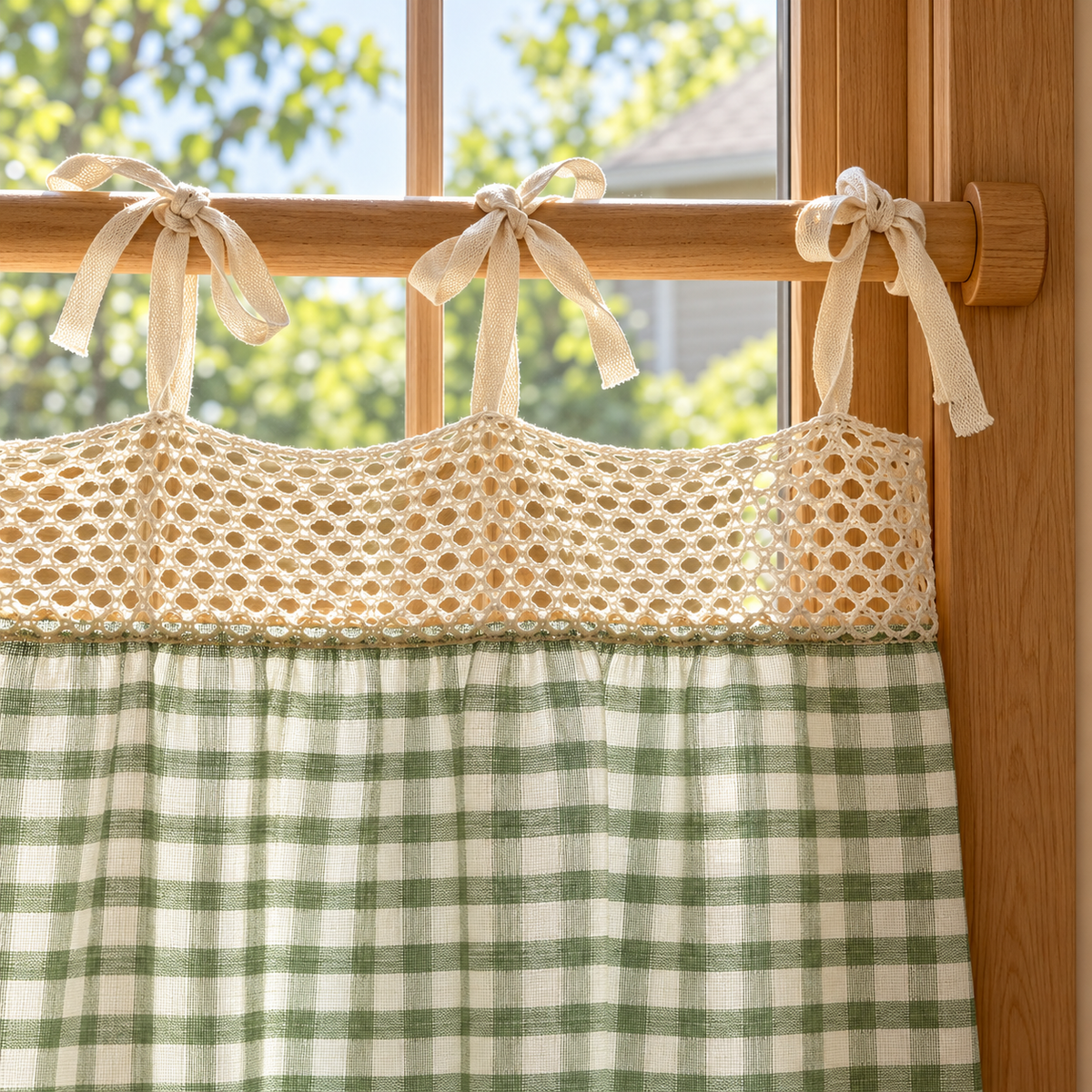 Green Gingham Tie-Top Curtain Panel - header detail