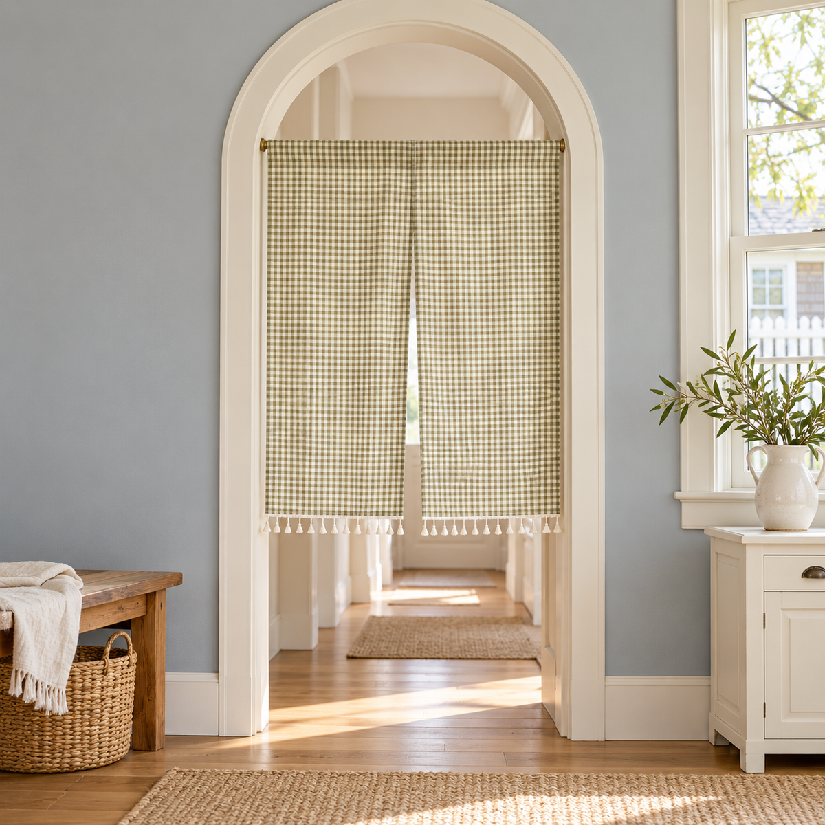 Green Plaid Cotton Linen Noren Curtain: Japanese Doorway Drape - styled product view Main image