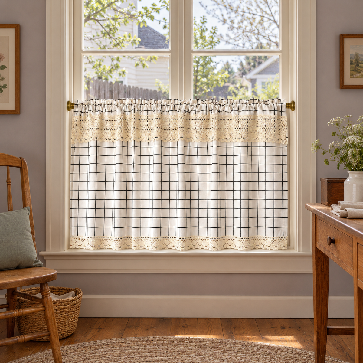 Black and White Plaid Lace Cafe Curtain - styled product view Main image