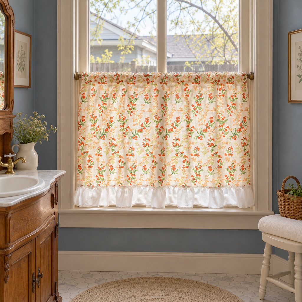 Orange Floral Cafe Curtain with Ruffled Edges - styled product view