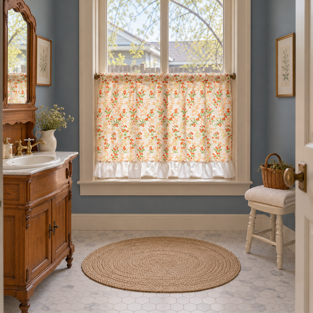 Orange Floral Cafe Curtain with Ruffled Edges - room setting