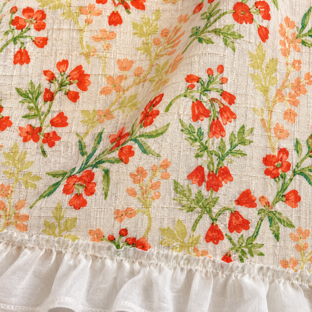 Orange Floral Cafe Curtain with Ruffled Edges - fabric detail