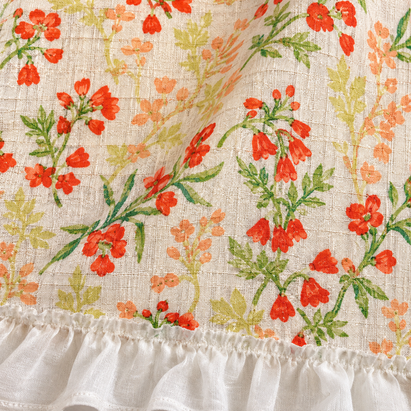 Orange Floral Cafe Curtain with Ruffled Edges - fabric detail