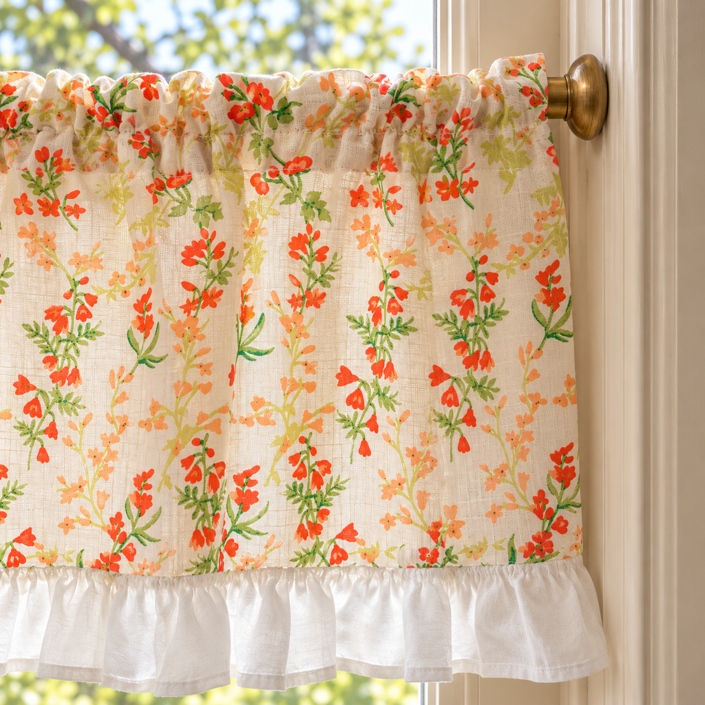 Orange Floral Cafe Curtain with Ruffled Edges - header detail