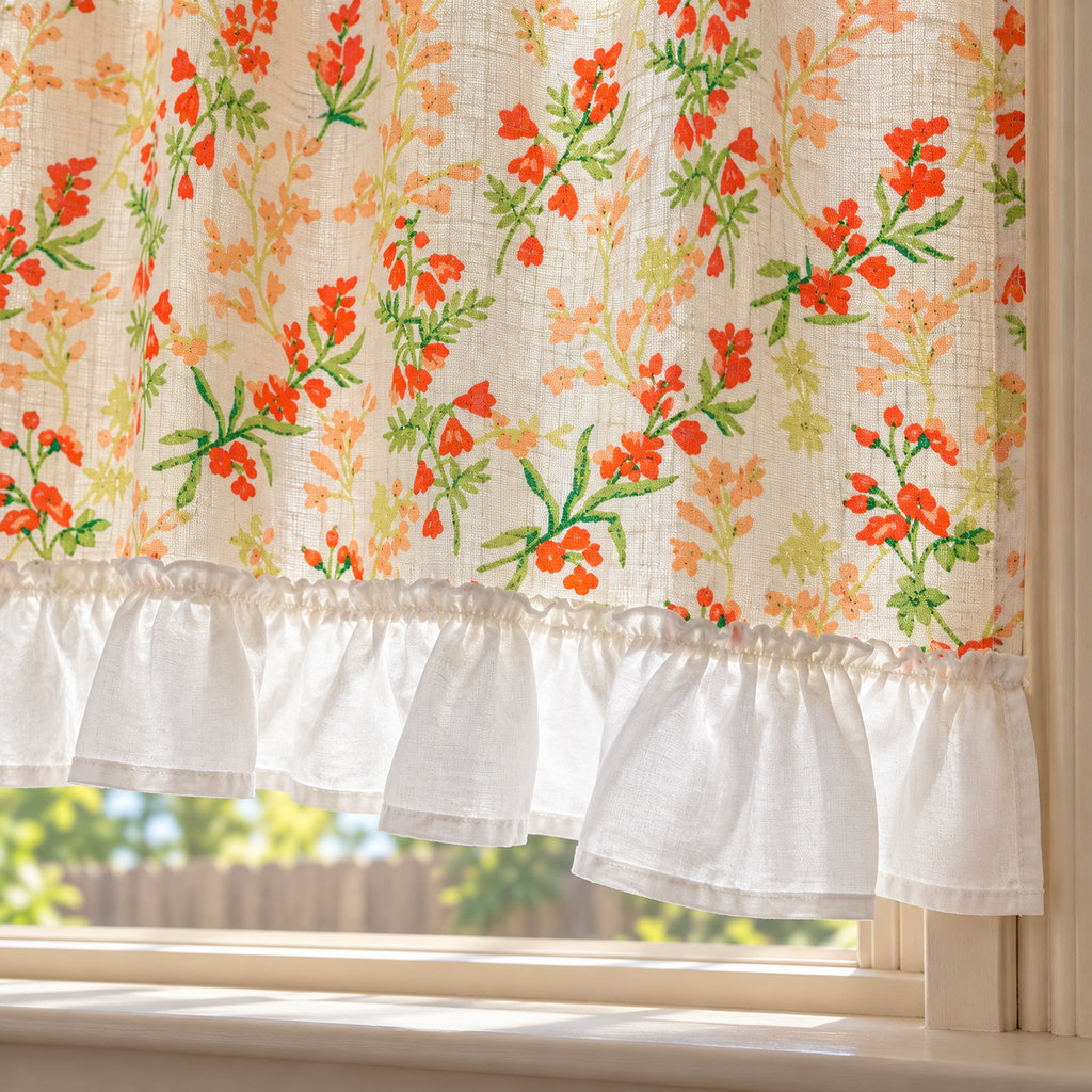Orange Floral Cafe Curtain with Ruffled Edges - hem detail