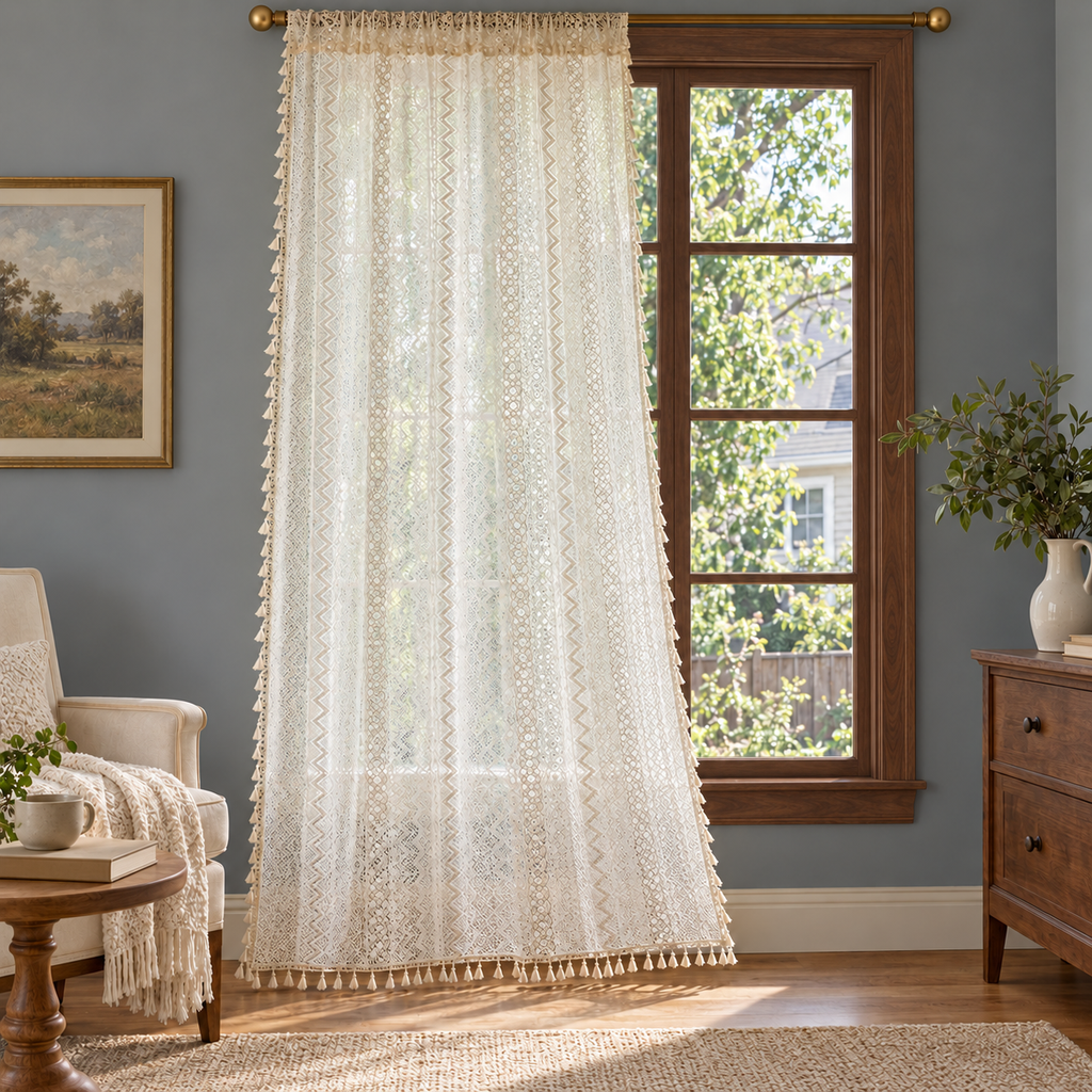 Beige Floral Lace Curtain Panel - styled product view