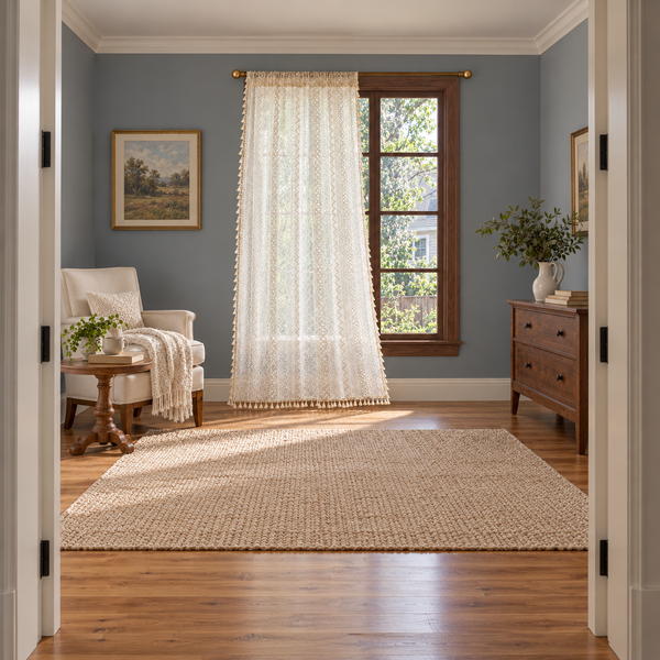 Beige Floral Lace Curtain Panel - room setting
