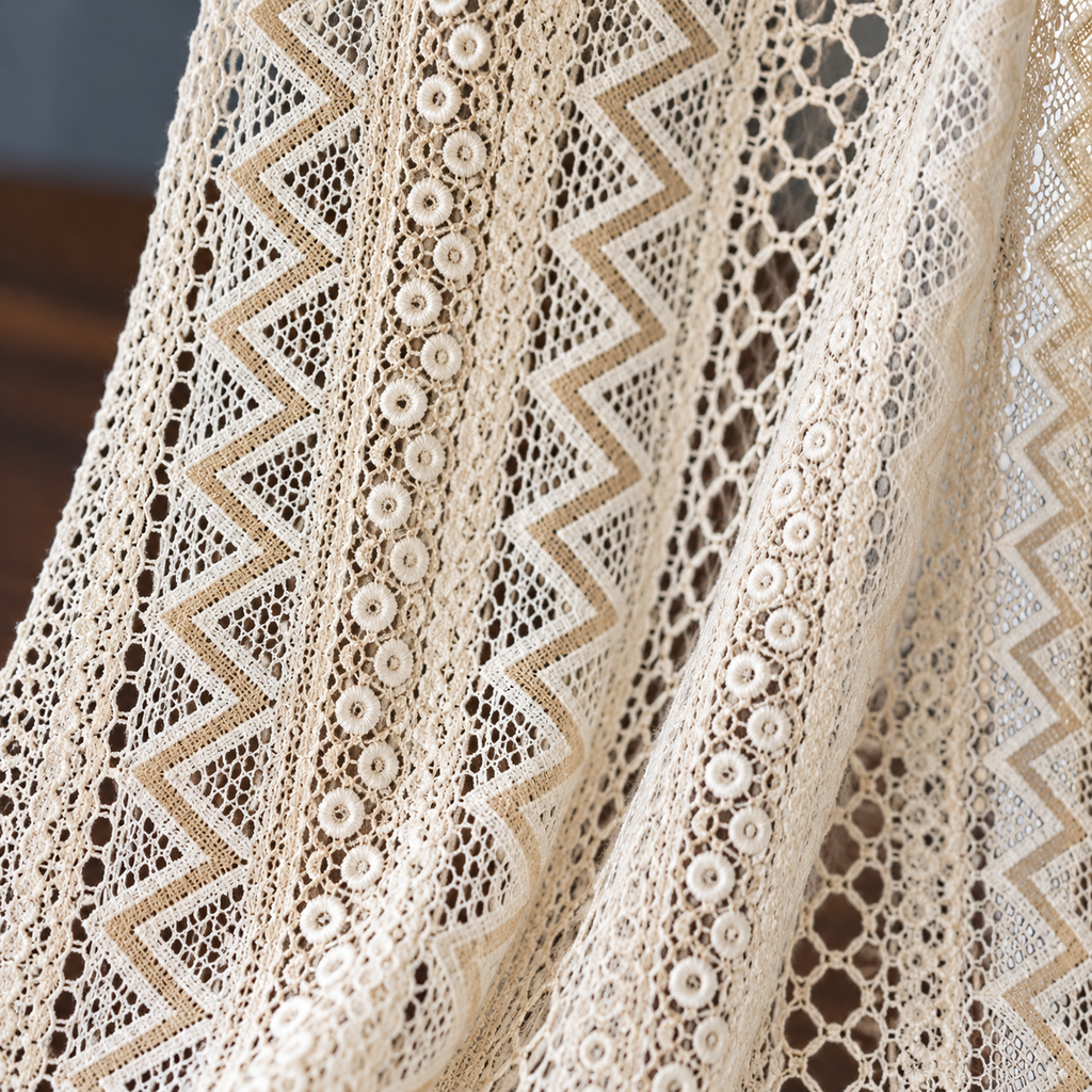 Beige Floral Lace Curtain Panel - fabric detail