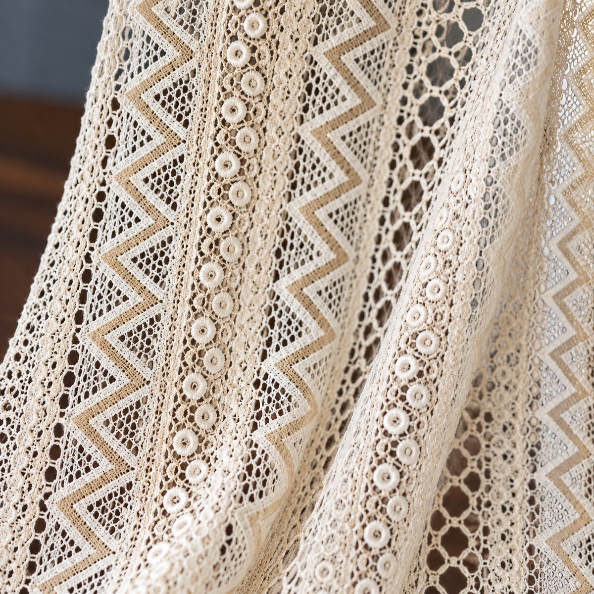 Beige Floral Lace Curtain Panel - fabric detail