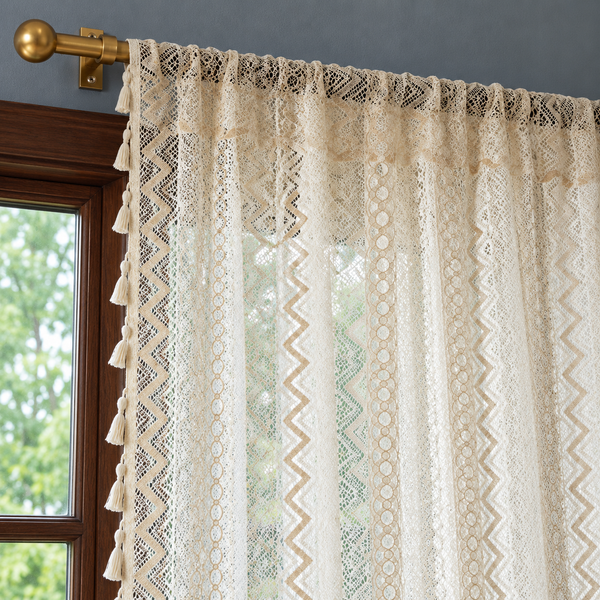 Beige Floral Lace Curtain Panel - header detail