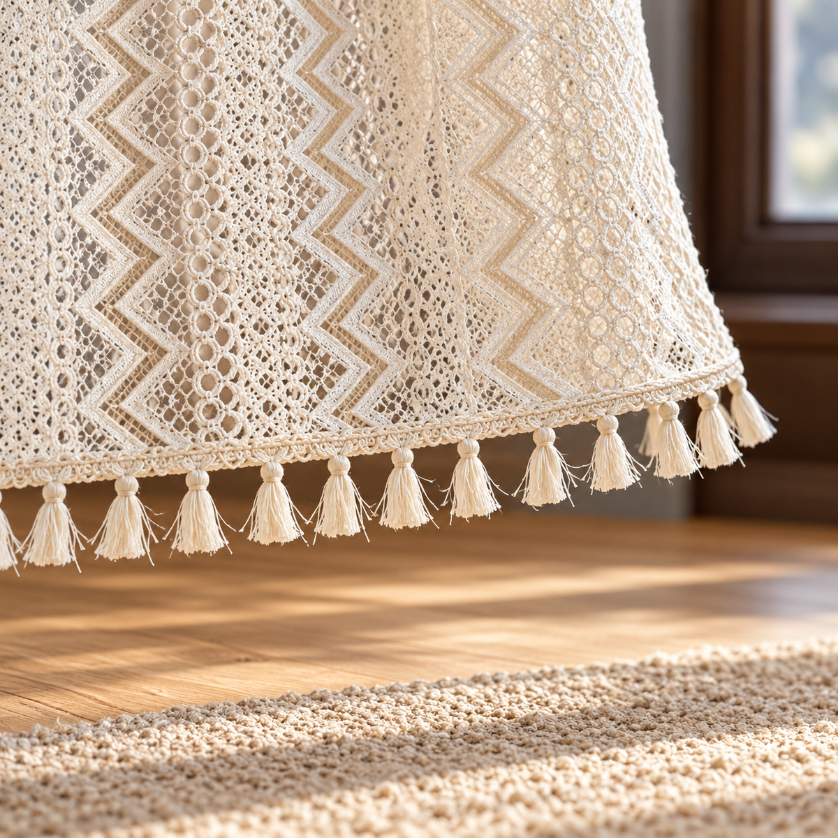 Beige Floral Lace Curtain Panel - hem detail