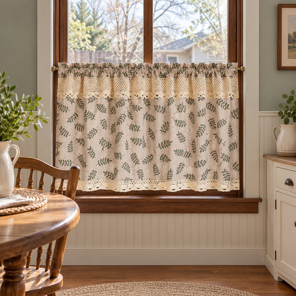Green Leaf Print Cafe Curtain - styled product view
