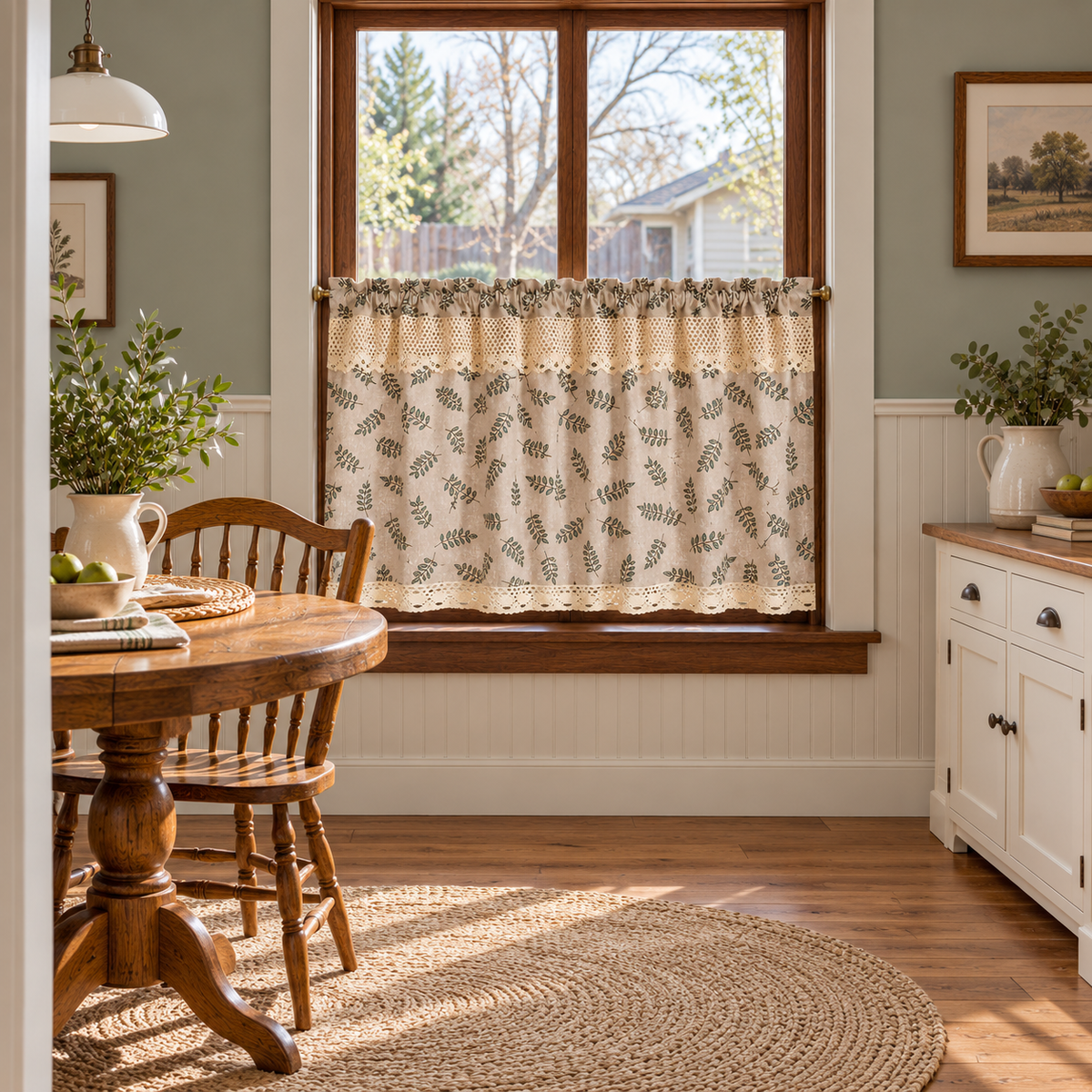 Green Leaf Print Cafe Curtain - room setting