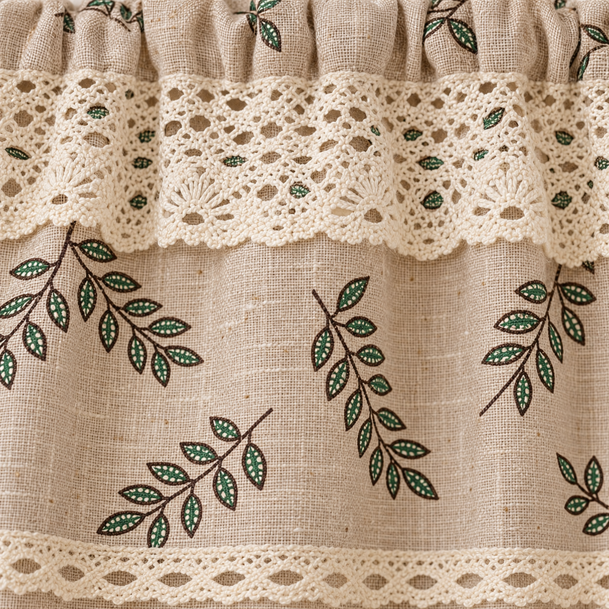 Green Leaf Print Cafe Curtain - fabric detail