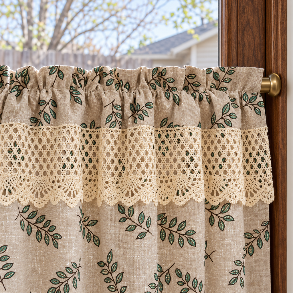 Green Leaf Print Cafe Curtain - header detail