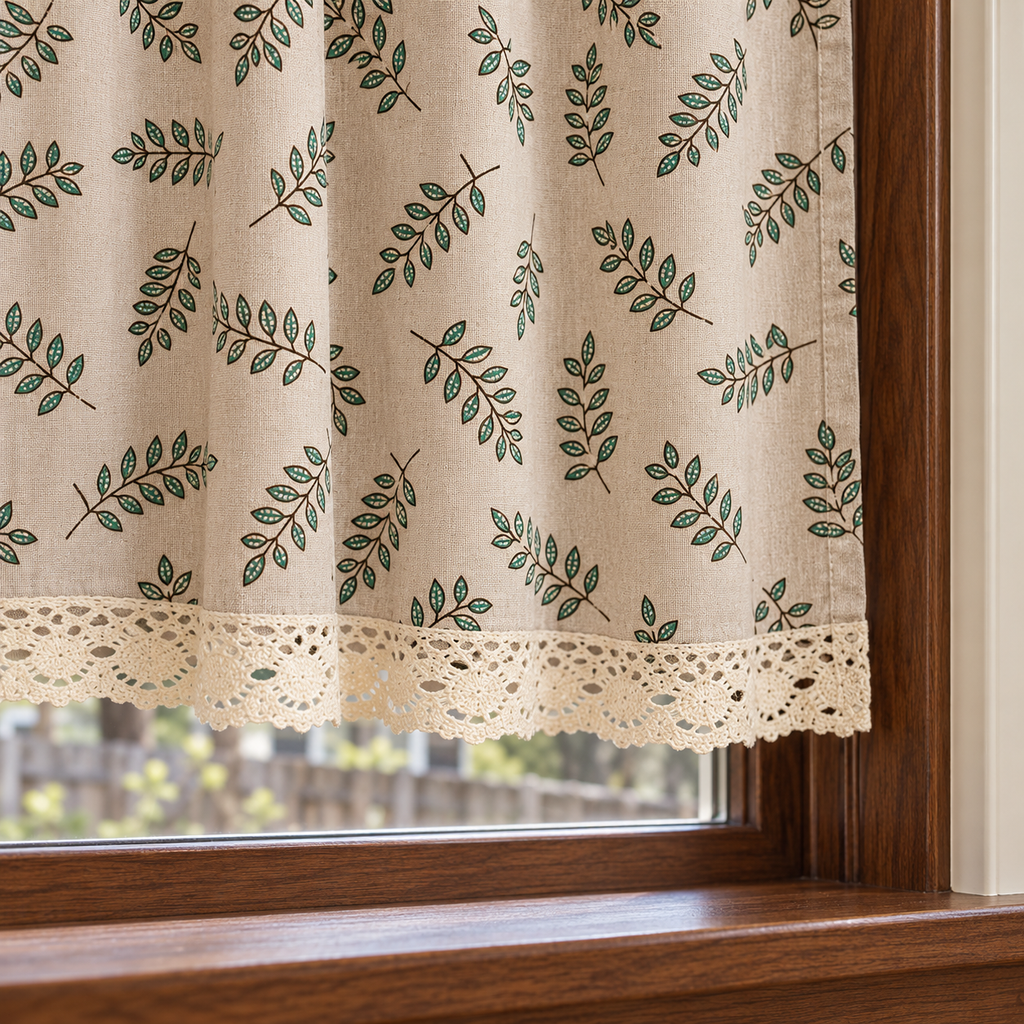 Green Leaf Print Cafe Curtain - hem detail