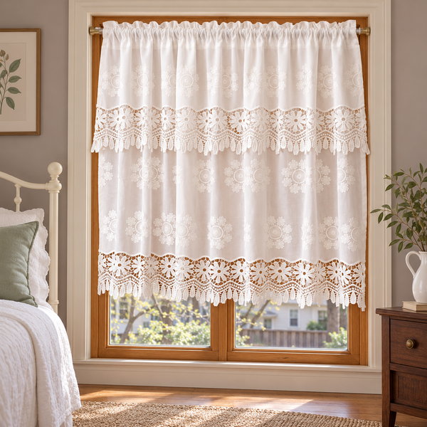 White Floral Lace Cafe Curtain - styled product view