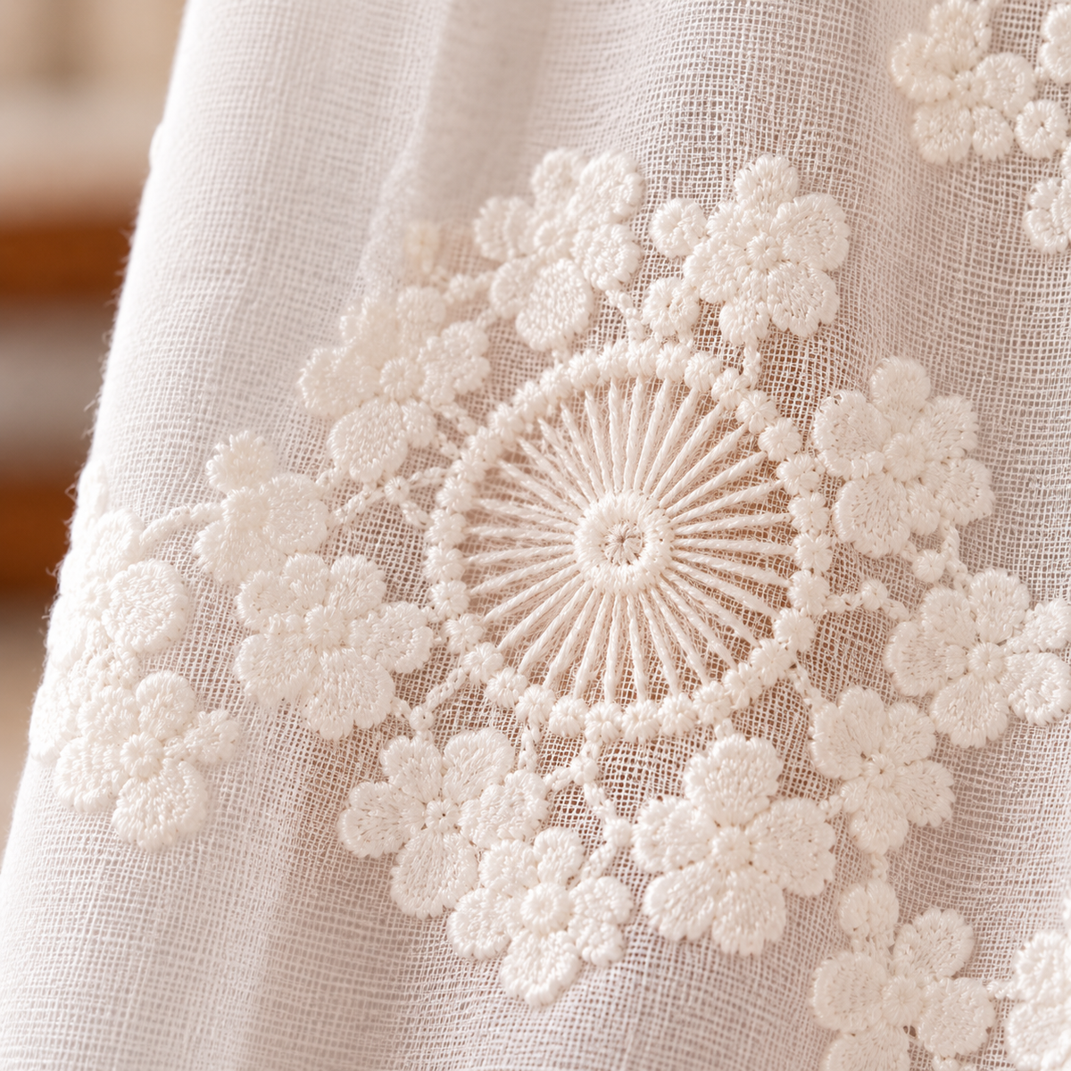 White Floral Lace Cafe Curtain - fabric detail