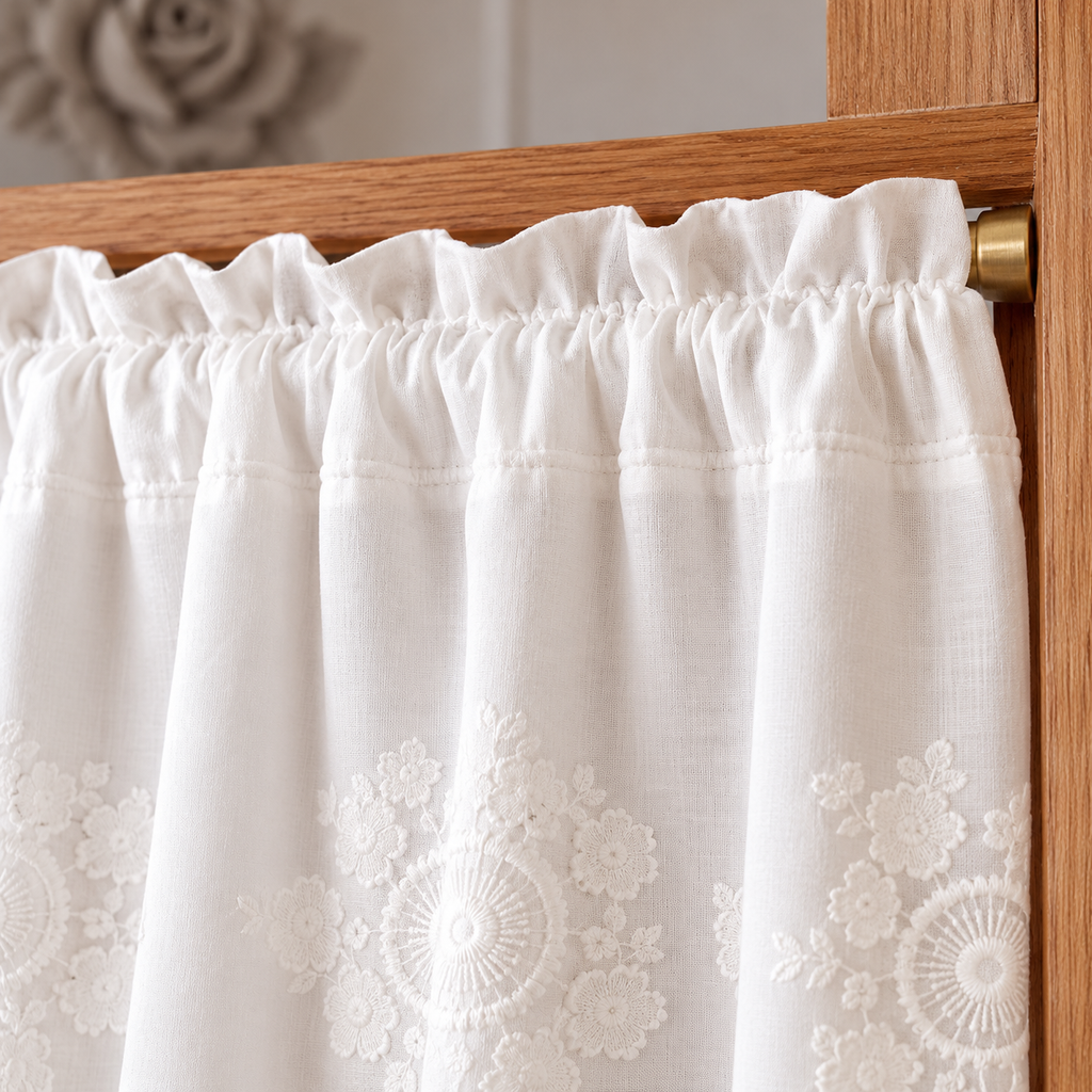 White Floral Lace Cafe Curtain - header detail