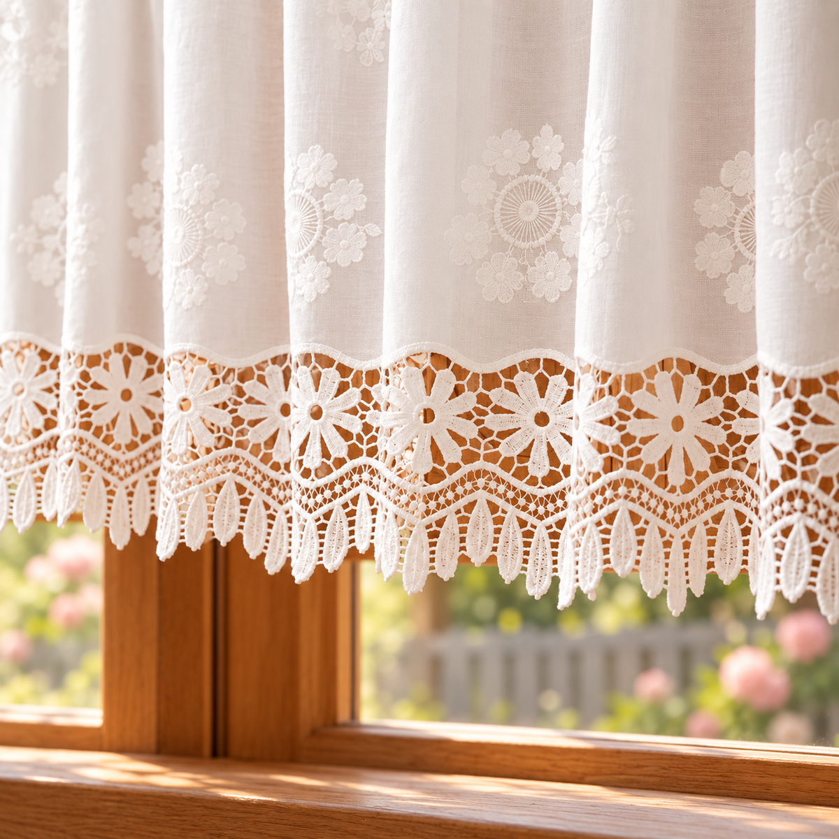 White Floral Lace Cafe Curtain - hem detail