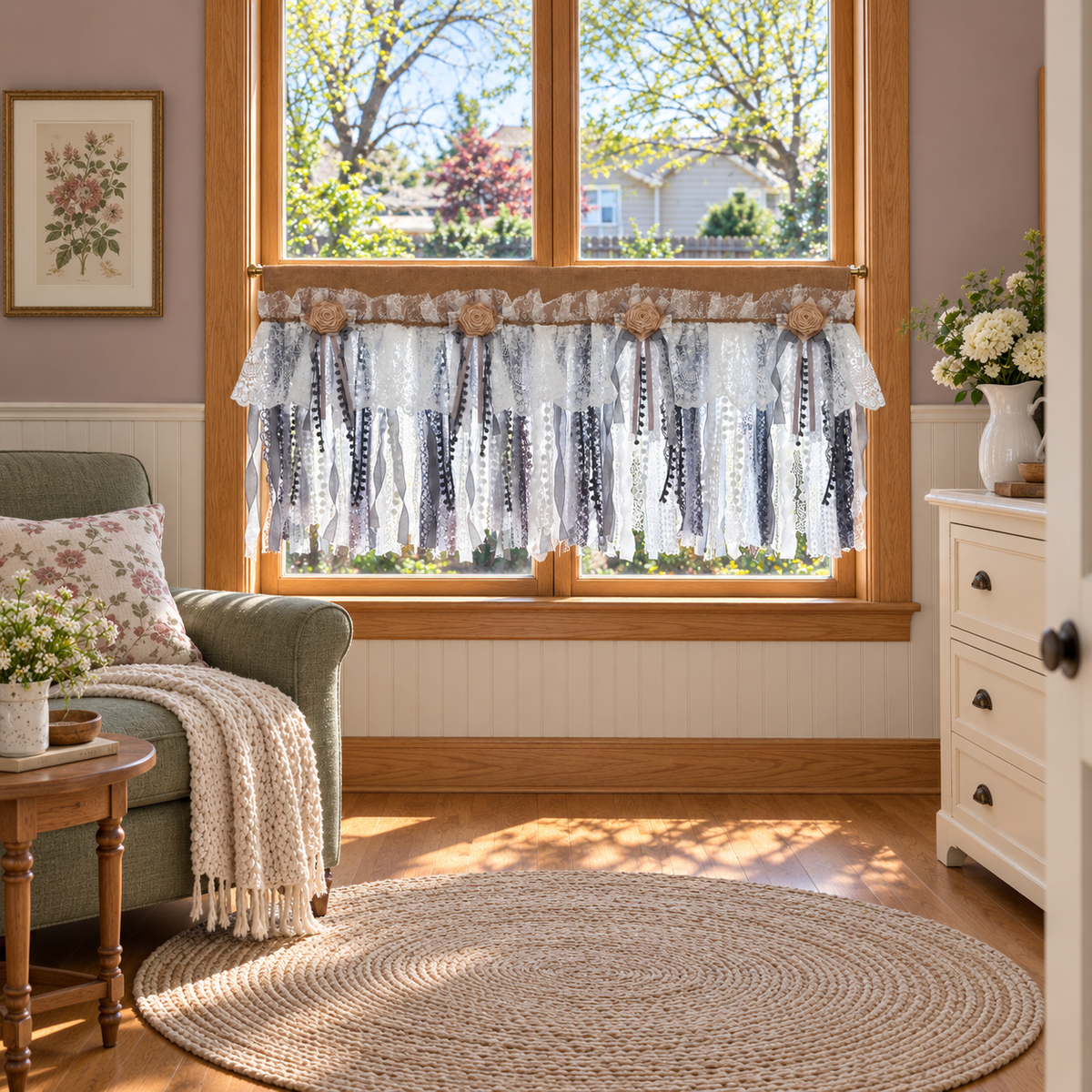 Burlap and Tulle Lace Valance - room setting