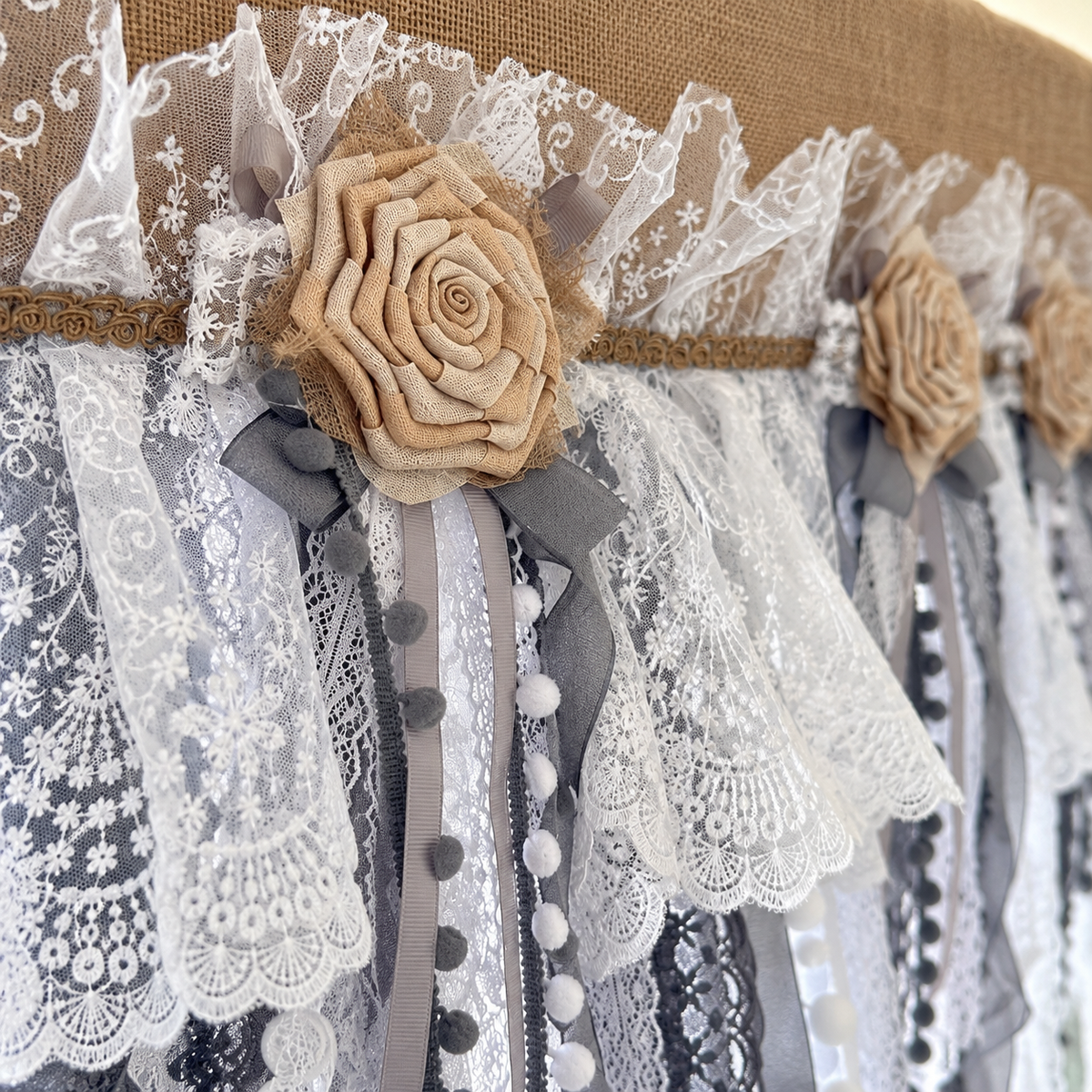 Burlap and Tulle Lace Valance - fabric detail