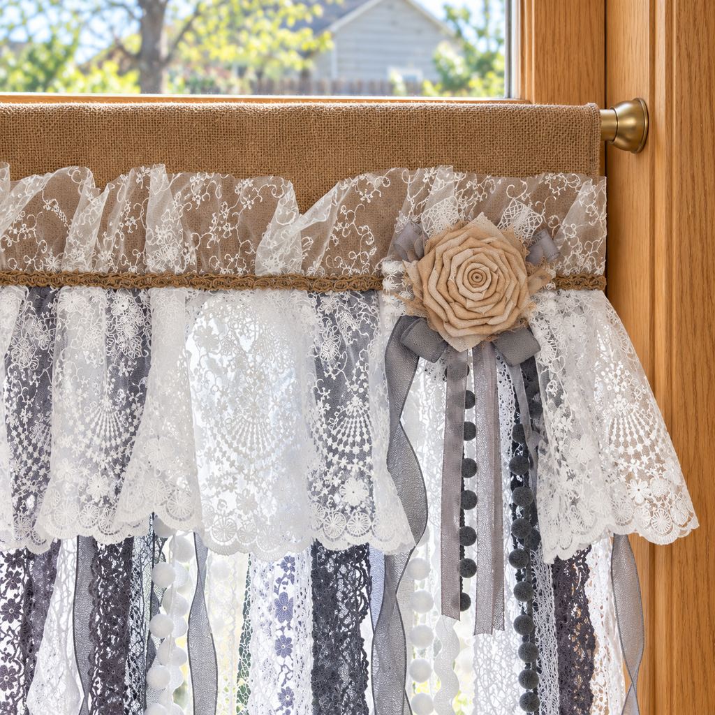 Burlap and Tulle Lace Valance - header detail