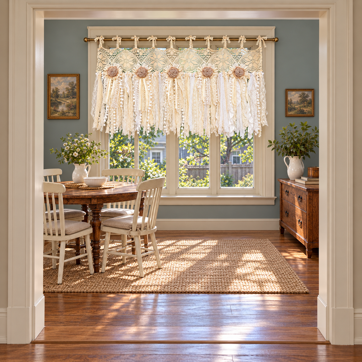 Crochet Lace Cafe Valance - room setting