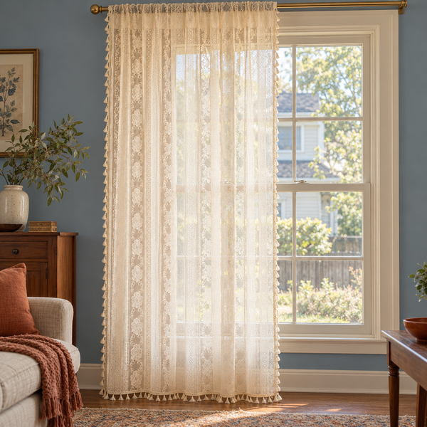 Boho Chic Beige Lace Flower Curtain, Farmhouse Country Light Filtering Kitchen Valance, Hollow Curtains with Tassel, Cafe Semi-Sheer Curtain - product view 1