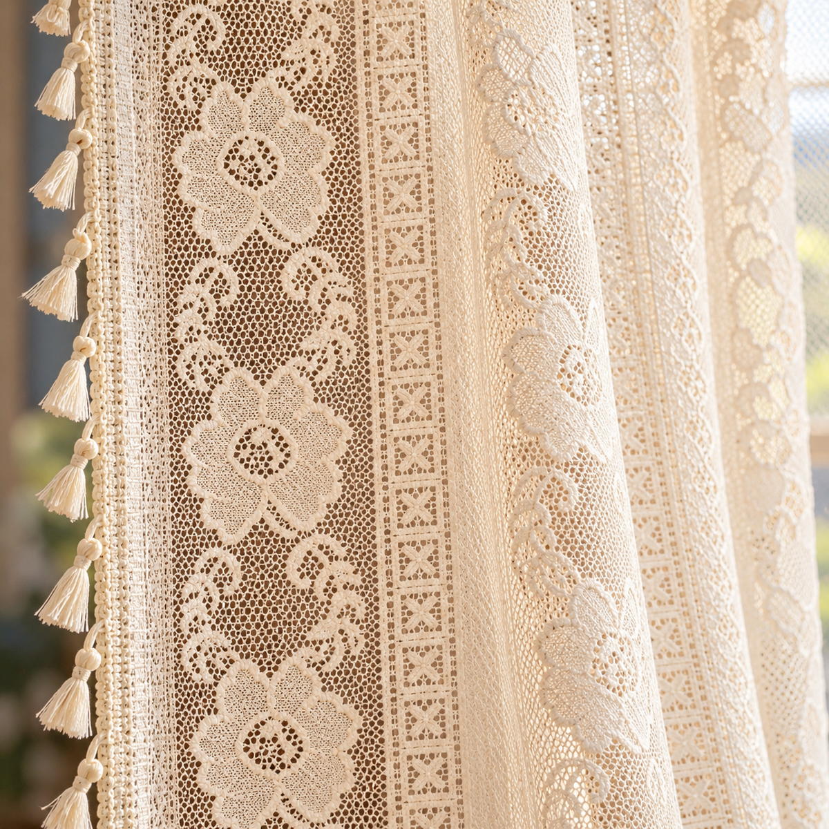 Boho Chic Beige Lace Flower Curtain, Farmhouse Country Light Filtering Kitchen Valance, Hollow Curtains with Tassel, Cafe Semi-Sheer Curtain - product view 2