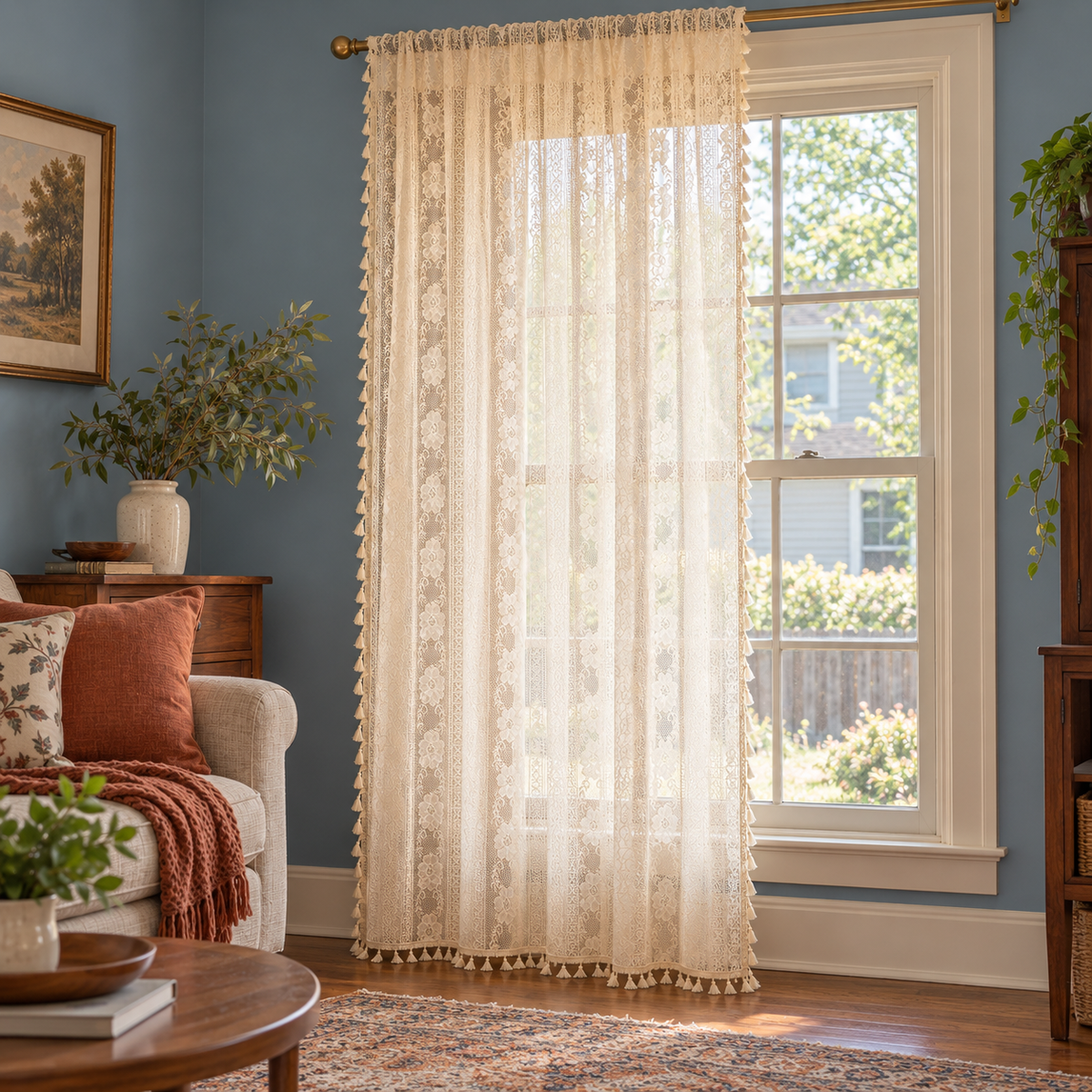 Boho Chic Beige Lace Flower Curtain, Farmhouse Country Light Filtering Kitchen Valance, Hollow Curtains with Tassel, Cafe Semi-Sheer Curtain - product view 3