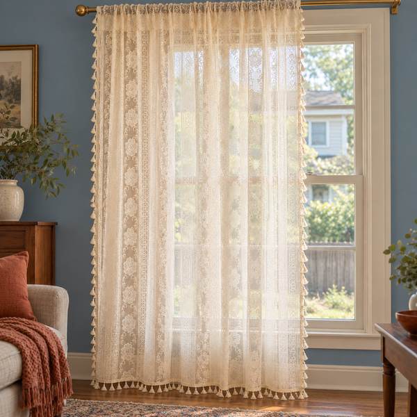 Boho Chic Beige Lace Flower Curtain, Farmhouse Country Light Filtering Kitchen Valance, Hollow Curtains with Tassel, Cafe Semi-Sheer Curtain - product view 4