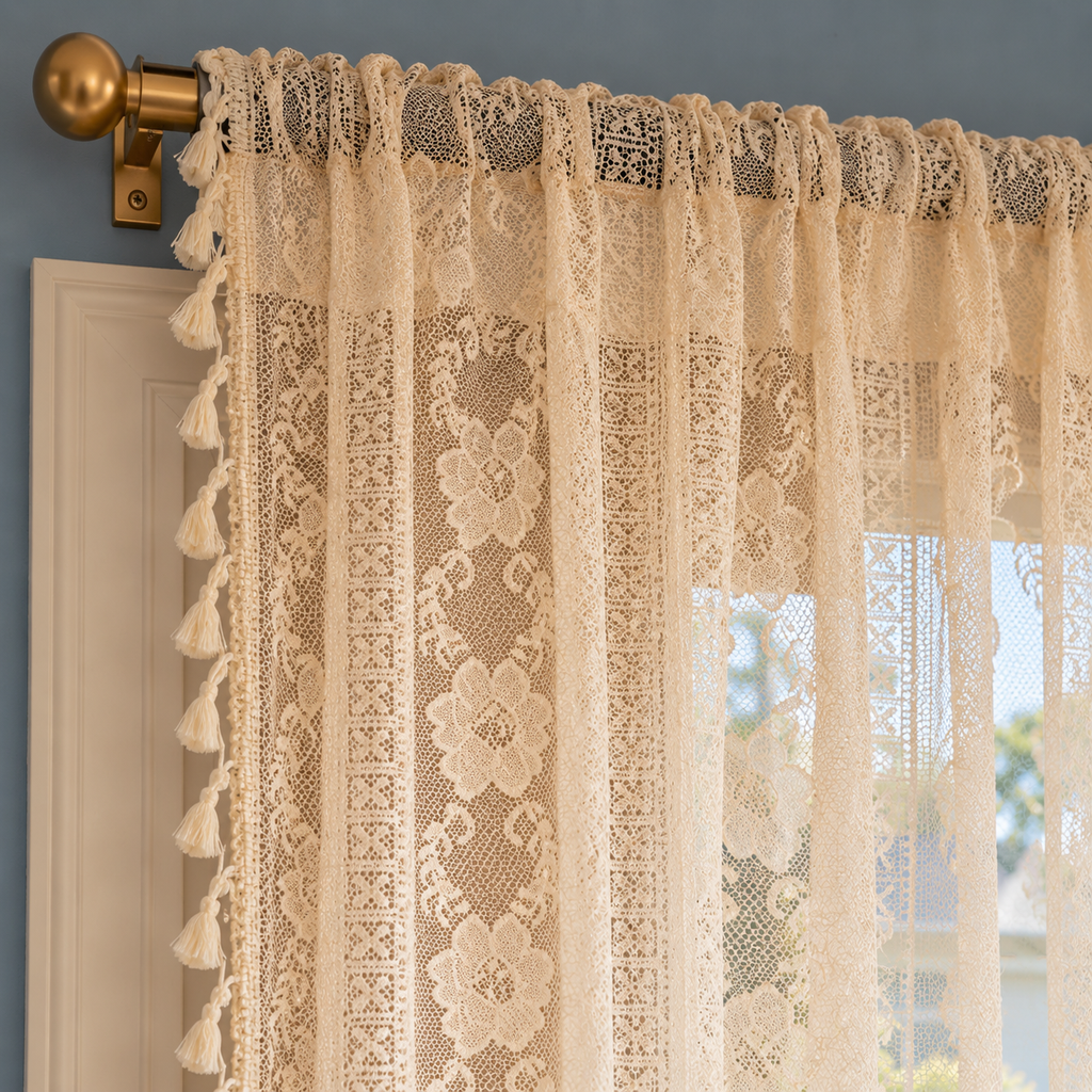 Boho Chic Beige Lace Flower Curtain, Farmhouse Country Light Filtering Kitchen Valance, Hollow Curtains with Tassel, Cafe Semi-Sheer Curtain - product view 5