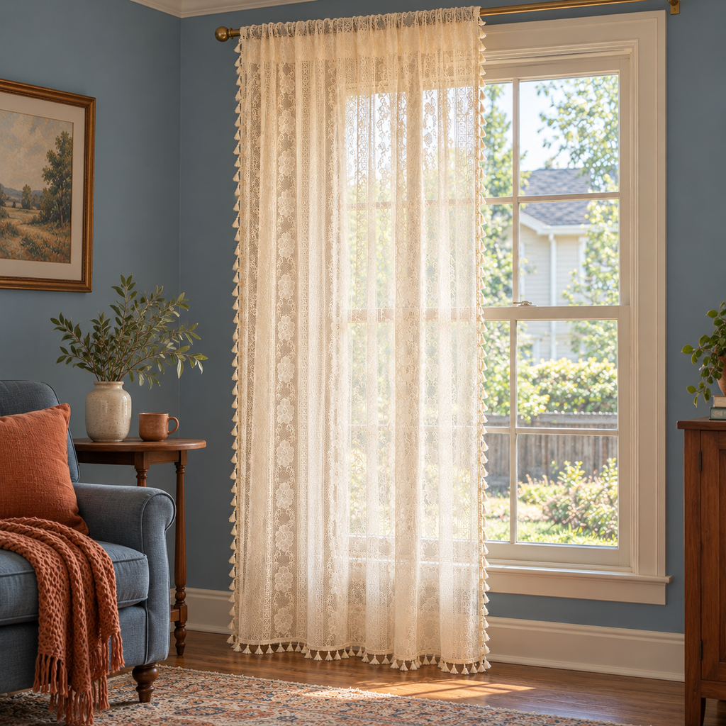 Boho Chic Beige Lace Flower Curtain, Farmhouse Country Light Filtering Kitchen Valance, Hollow Curtains with Tassel, Cafe Semi-Sheer Curtain - product view 6