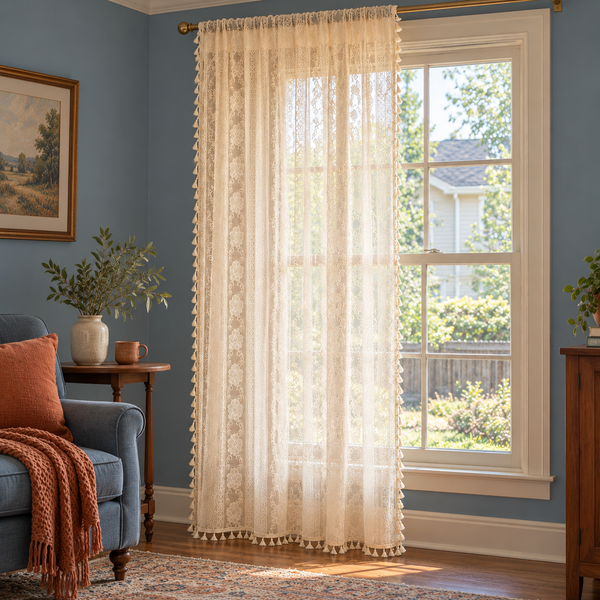 Boho Chic Beige Lace Flower Curtain, Farmhouse Country Light Filtering Kitchen Valance, Hollow Curtains with Tassel, Cafe Semi-Sheer Curtain - product view 6