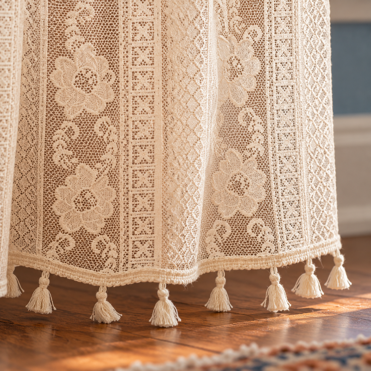Boho Chic Beige Lace Flower Curtain, Farmhouse Country Light Filtering Kitchen Valance, Hollow Curtains with Tassel, Cafe Semi-Sheer Curtain - product view 7