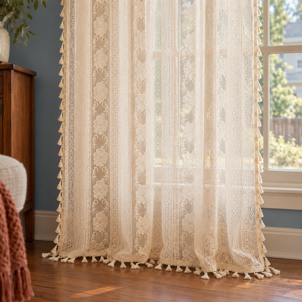 Boho Chic Beige Lace Flower Curtain, Farmhouse Country Light Filtering Kitchen Valance, Hollow Curtains with Tassel, Cafe Semi-Sheer Curtain - product view 8
