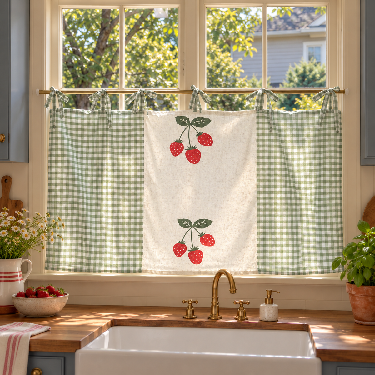 Green Gingham Cafe Curtains Valances, Farmhouse Country Kitchen Curtains, Fruit Strawberry Cotton Linen Half Curtains, Custom Curtains Sizes - product view 1 Main image