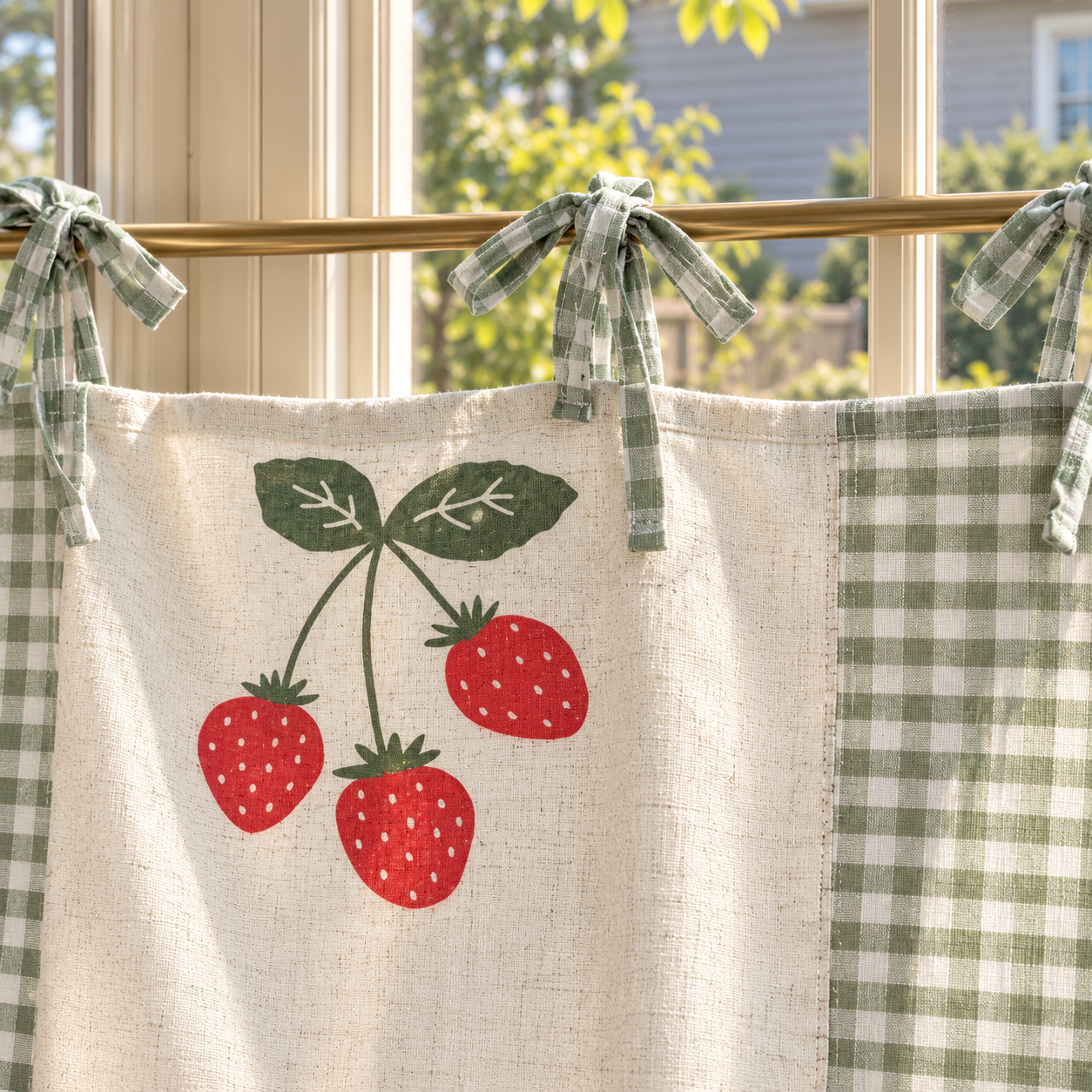 Green Gingham Cafe Curtains Valances, Farmhouse Country Kitchen Curtains, Fruit Strawberry Cotton Linen Half Curtains, Custom Curtains Sizes Secondary image