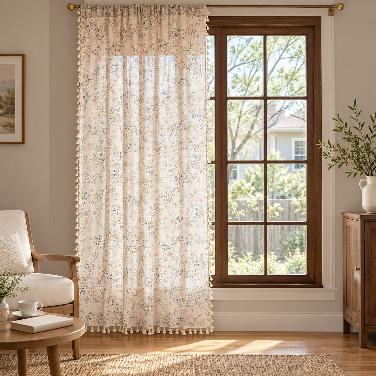 Vintage Florals Semi Blackout Linen Curtain, Printed Curtain, Farmhouse Country Kitchen Curtain, Custom Boho Curtain, Living Room Home Decor - styled product view Main image