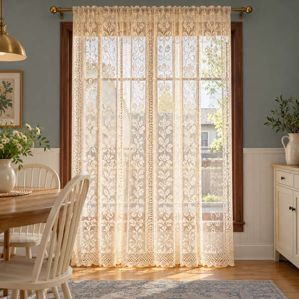 Boho Chic Beige Crochet Hollow Flowers Lace Valances, Farmhouse Light Filtering Sheer Kitchen Curtain, Cafe Semi-Sheer Curtains - styled product view