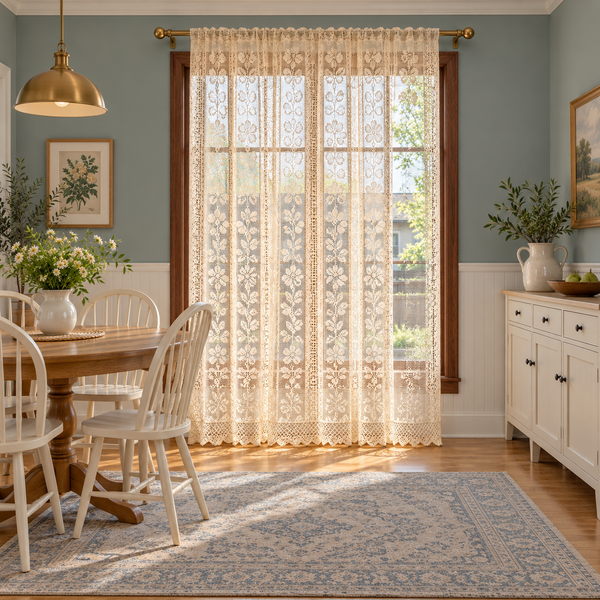 Boho Chic Beige Crochet Hollow Flowers Lace Valances, Farmhouse Light Filtering Sheer Kitchen Curtain, Cafe Semi-Sheer Curtains - room setting