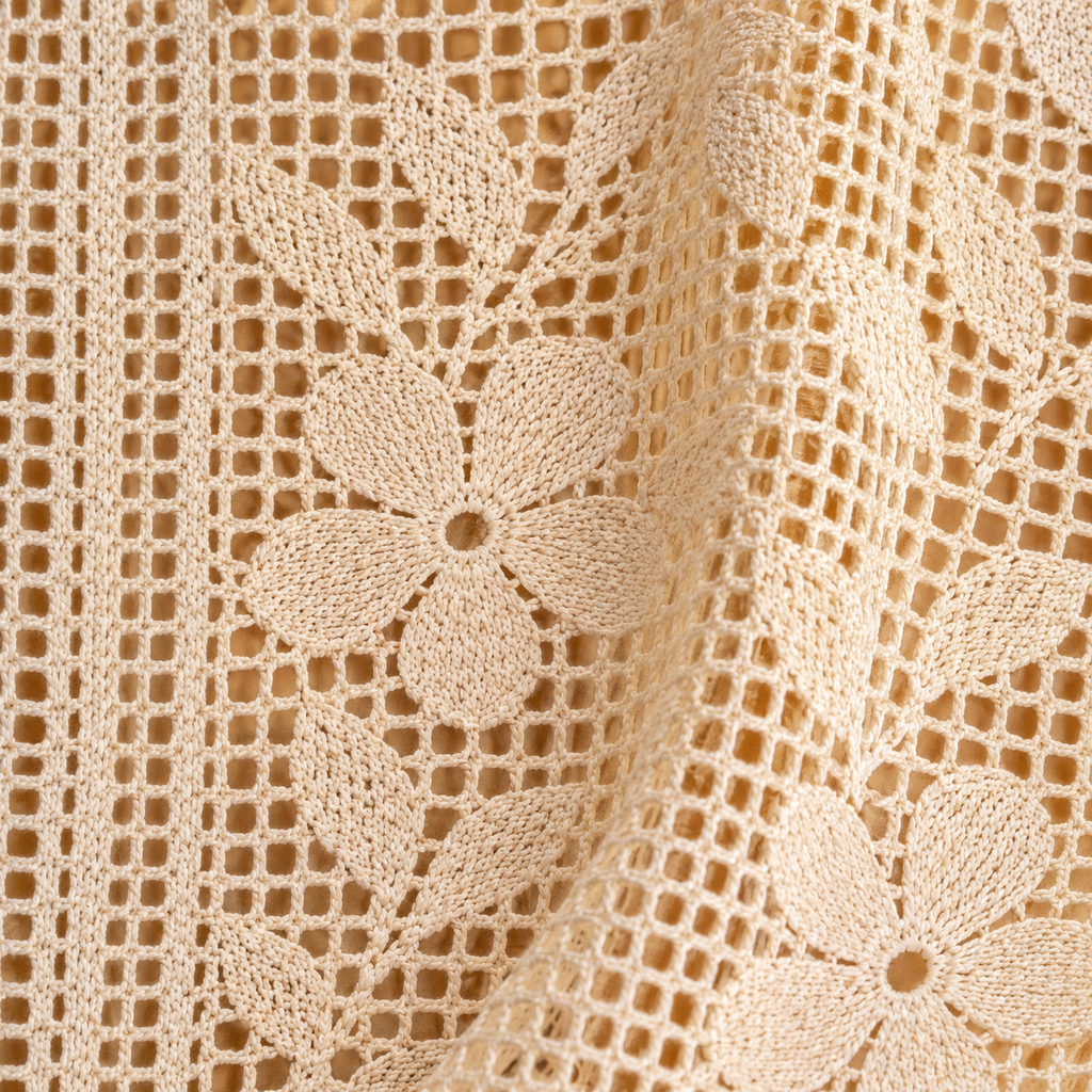 Boho Chic Beige Crochet Hollow Flowers Lace Valances, Farmhouse Light Filtering Sheer Kitchen Curtain, Cafe Semi-Sheer Curtains - fabric detail