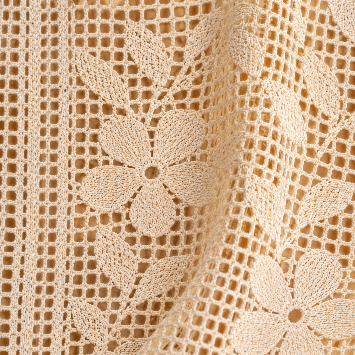 Boho Chic Beige Crochet Hollow Flowers Lace Valances, Farmhouse Light Filtering Sheer Kitchen Curtain, Cafe Semi-Sheer Curtains - fabric detail