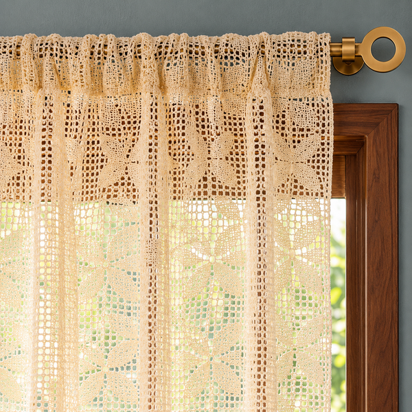Boho Chic Beige Crochet Hollow Flowers Lace Valances, Farmhouse Light Filtering Sheer Kitchen Curtain, Cafe Semi-Sheer Curtains - header detail
