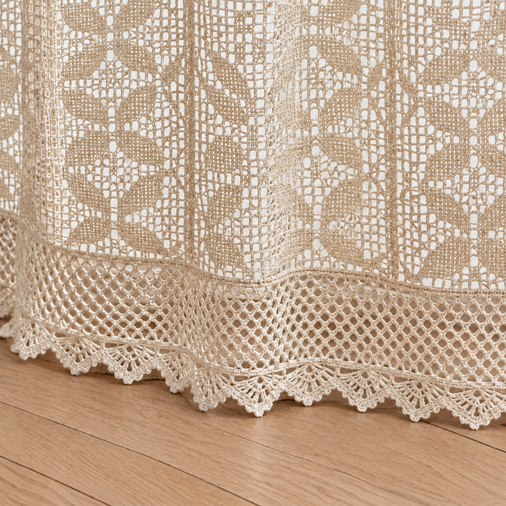 Boho Chic Beige Crochet Hollow Flowers Lace Valances, Farmhouse Light Filtering Sheer Kitchen Curtain, Cafe Semi-Sheer Curtains - hem detail
