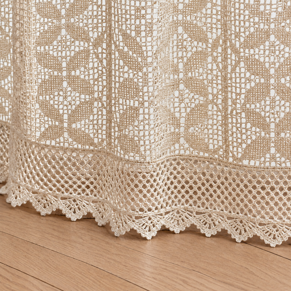 Boho Chic Beige Crochet Hollow Flowers Lace Valances, Farmhouse Light Filtering Sheer Kitchen Curtain, Cafe Semi-Sheer Curtains - hem detail